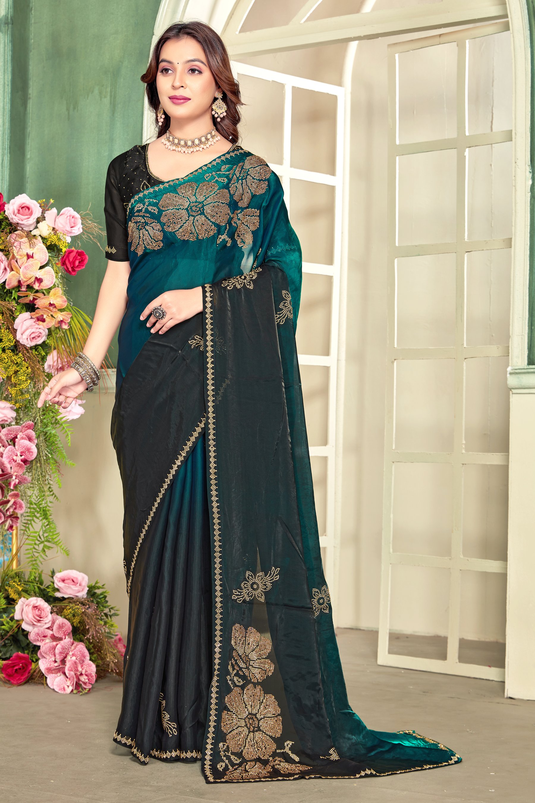 Rama Heavy Zircon Work Fendi Satin Silk Two Tone Saree