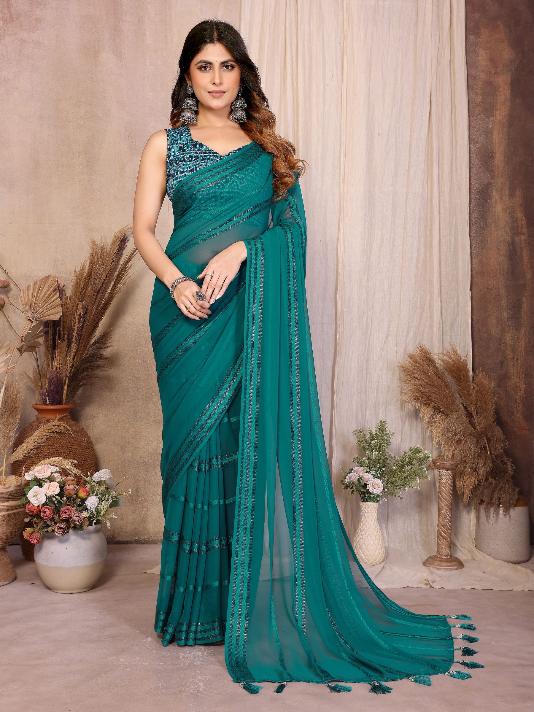 Rama Kaju Patta Pattern Georgette Saree
