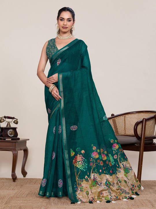 Rama Linen Silk Printed Zari Designer Saree