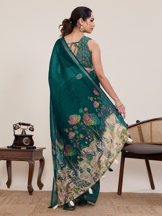 Rama Linen Silk Printed Zari Designer Saree — alternate view