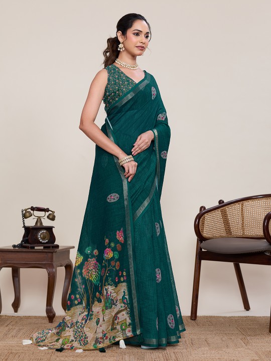 Rama Linen Silk Printed Zari Designer Saree