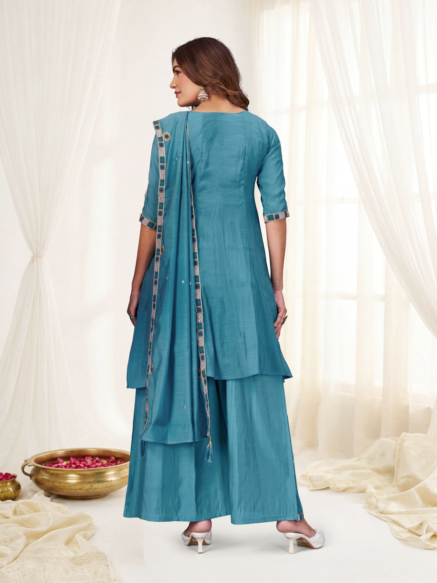 Rama Multi-Thread Embroidery Mal Chenderi Palazzo Suit — alternate view