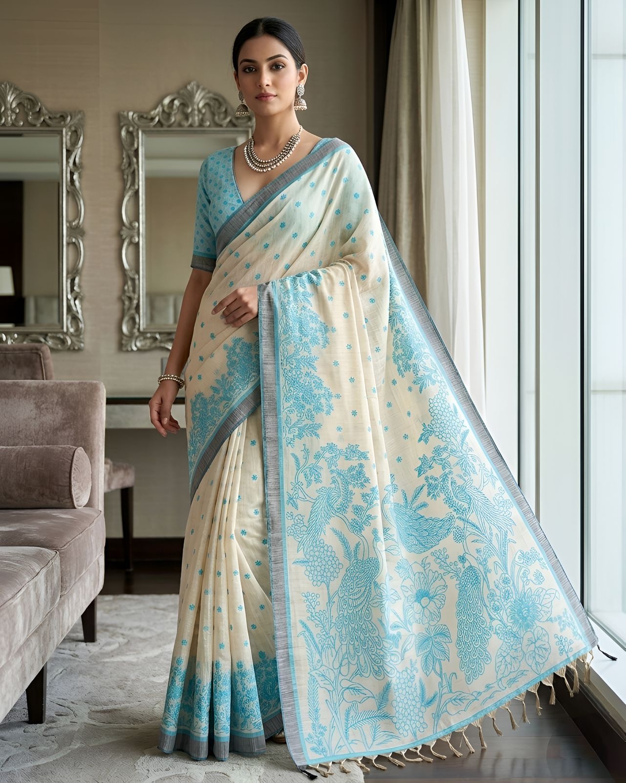 Rama Peacock Heritage Printed Linen Saree