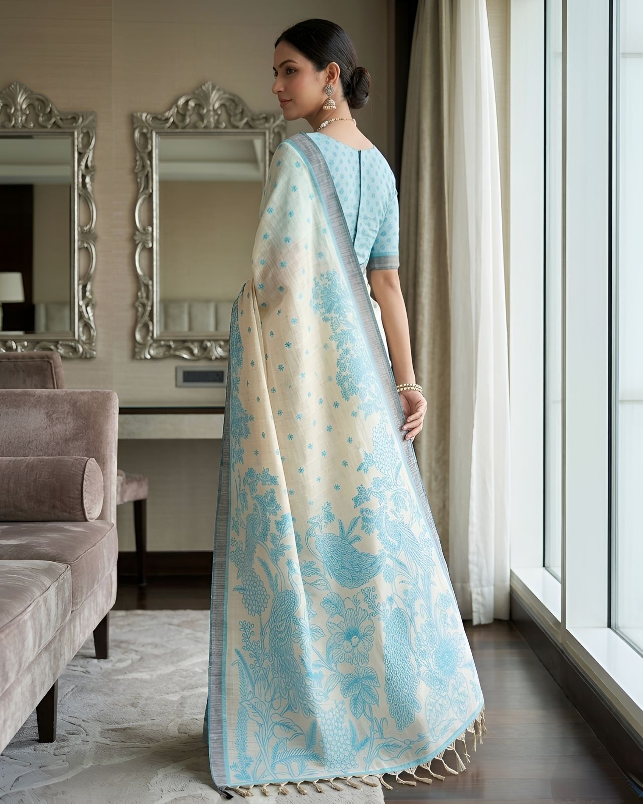 Rama Peacock Heritage Printed Linen Saree — alternate view