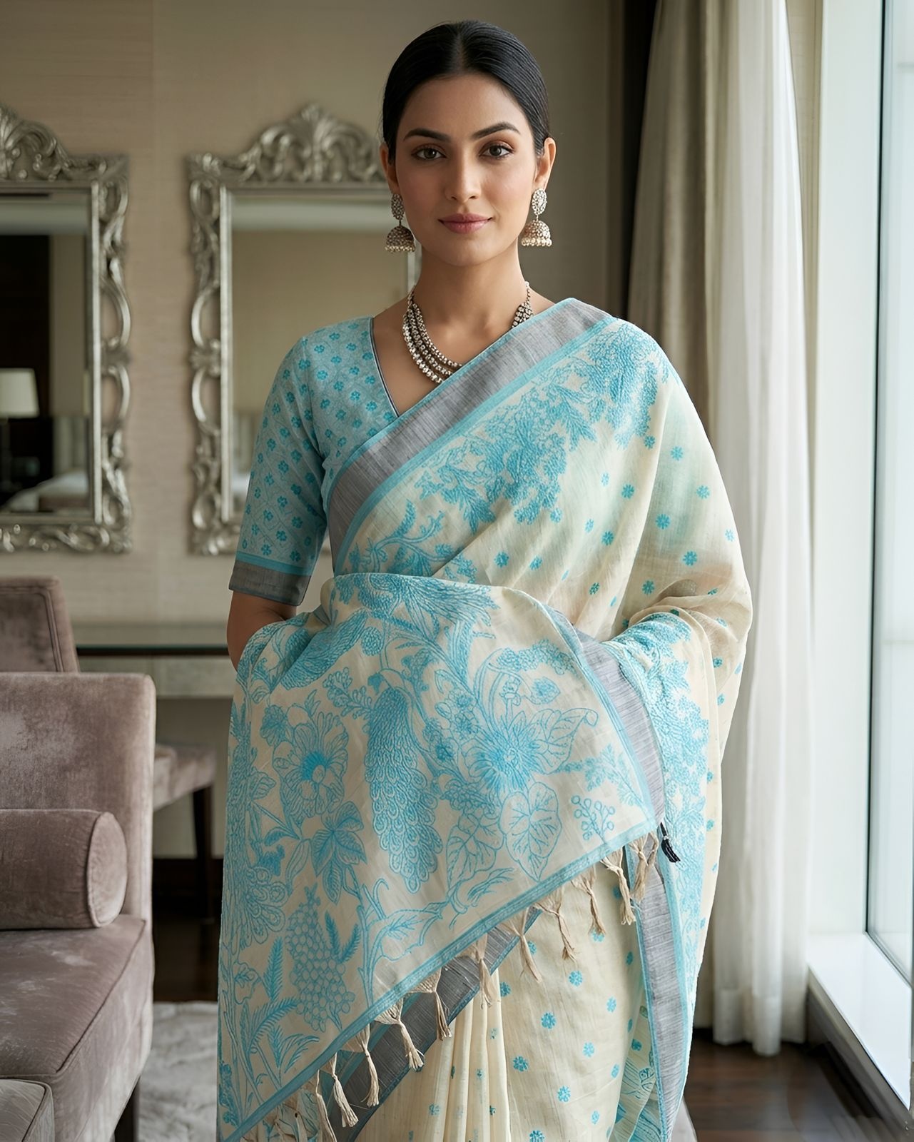 Rama Peacock Heritage Printed Linen Saree