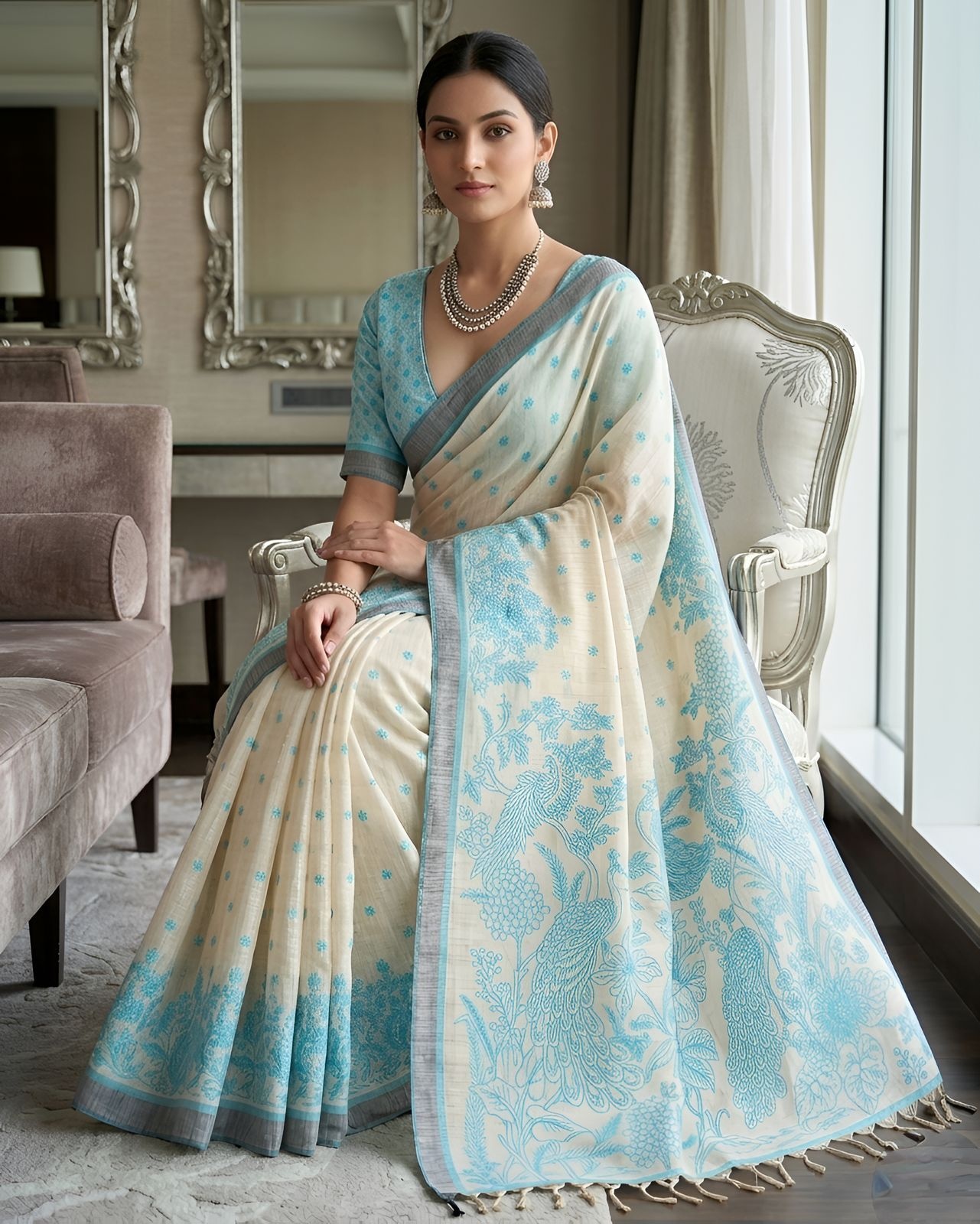 Rama Peacock Heritage Printed Linen Saree
