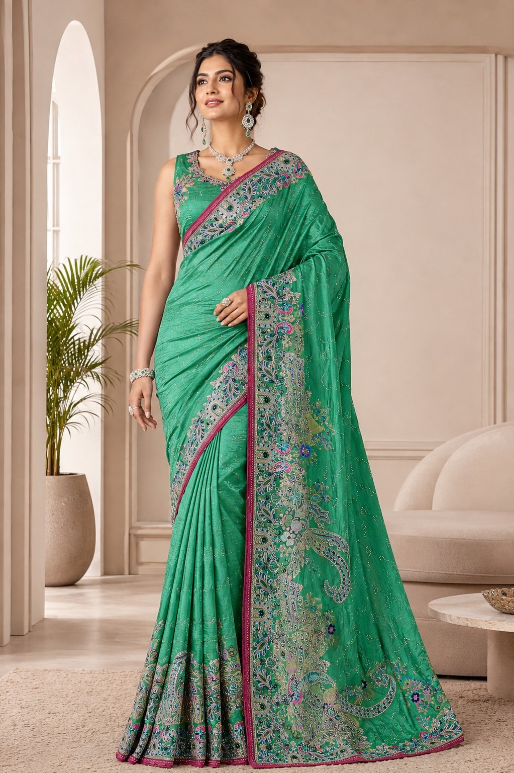 Rama Peacock Woven Work Satin Saree