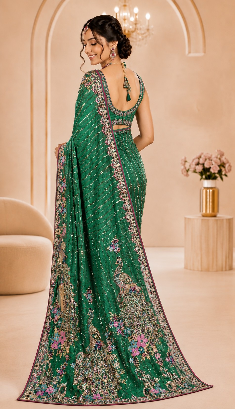 Rama Peacock Woven Work Satin Saree — alternate view