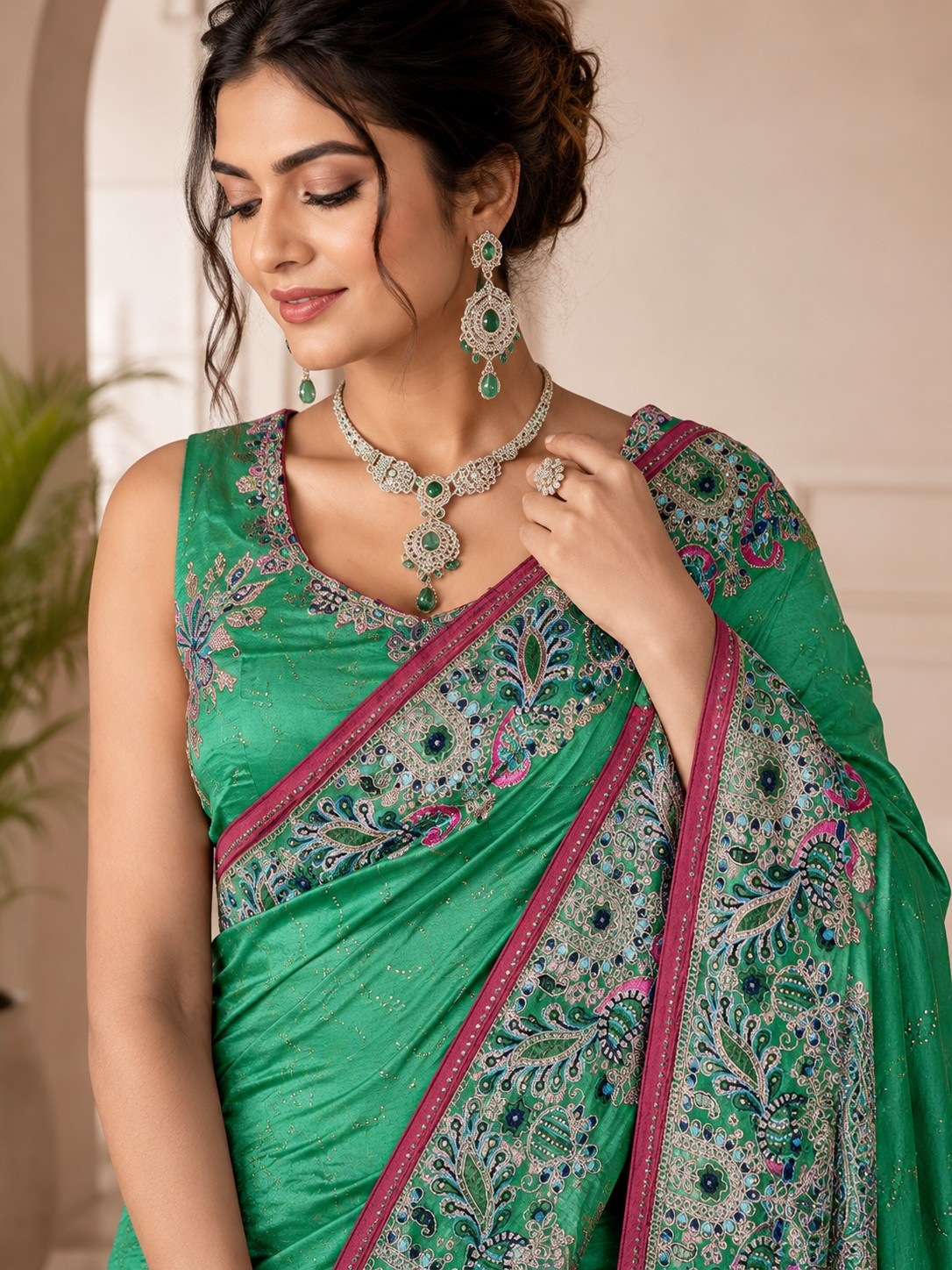 Rama Peacock Woven Work Satin Saree