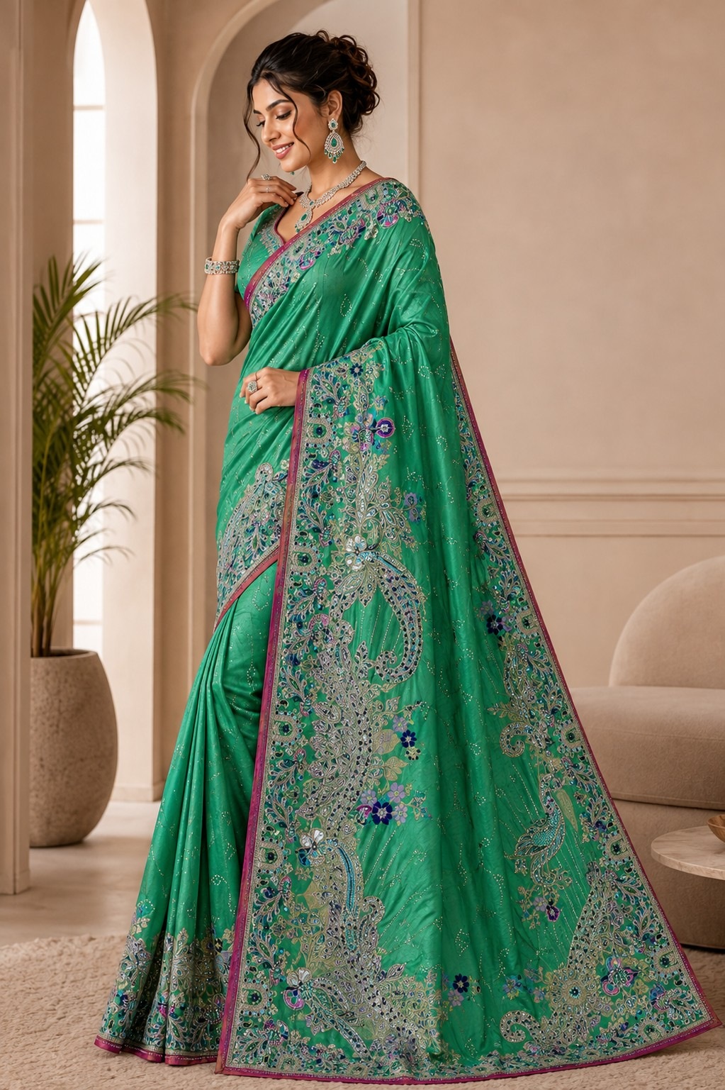 Rama Peacock Woven Work Satin Saree