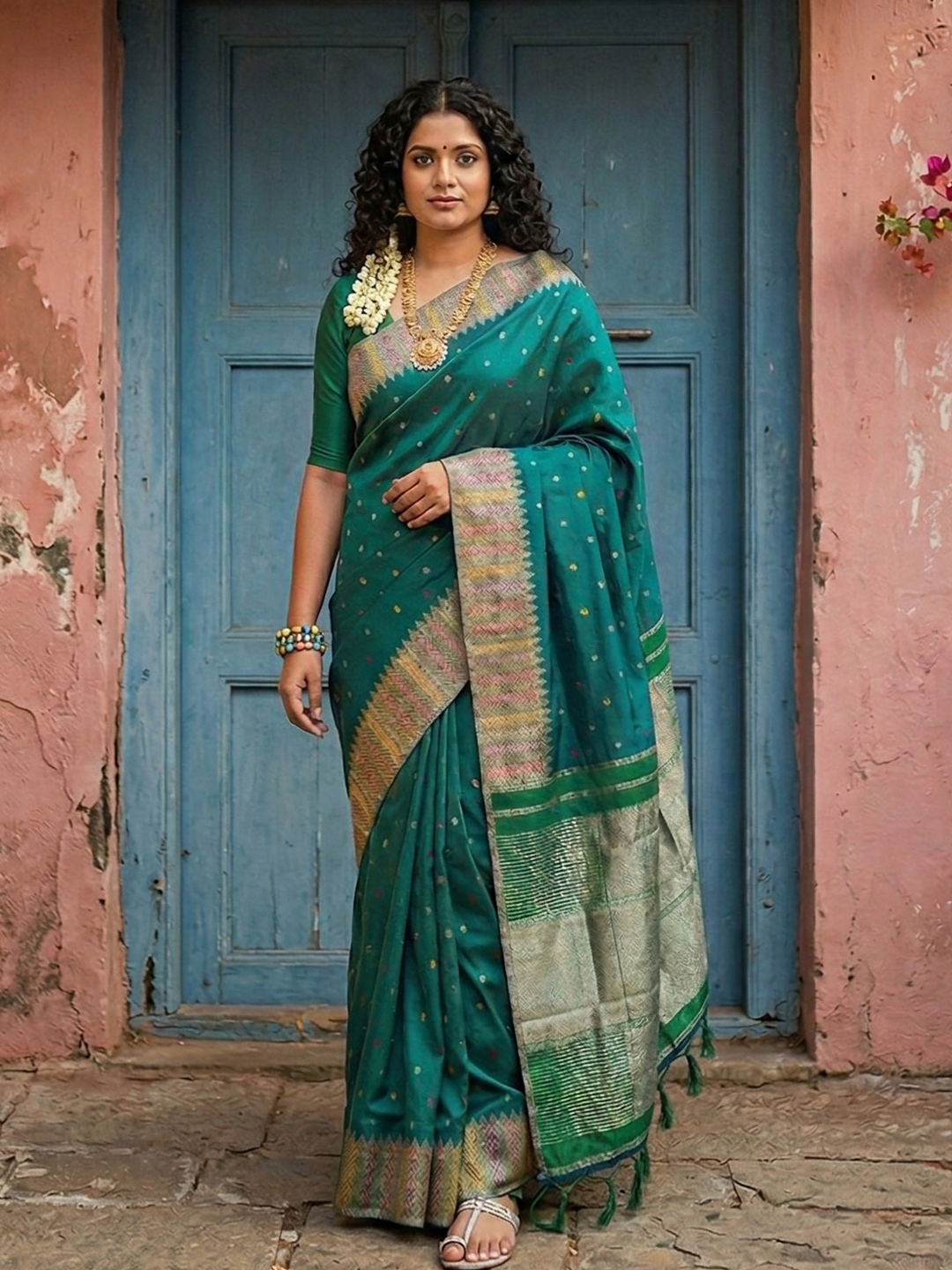Rama Silk Blend Woven Traditional Saree