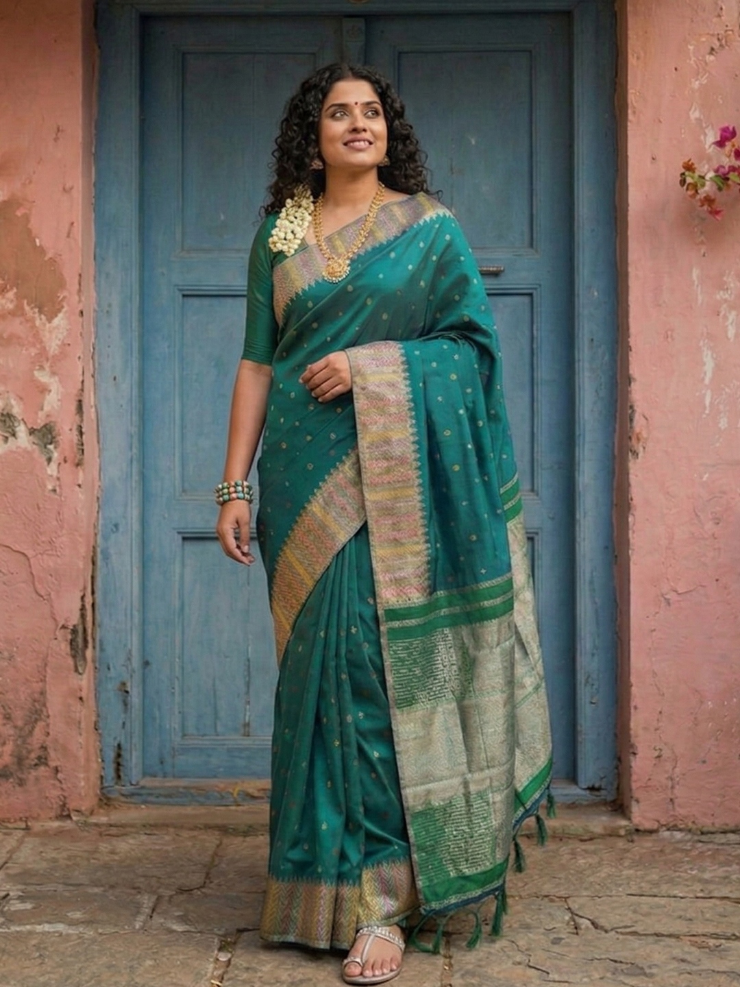 Rama Silk Blend Woven Traditional Saree
