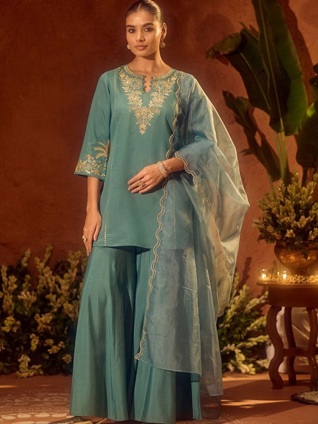 Rama Solid Embroidered Chanderi Silk Palazzo Suit