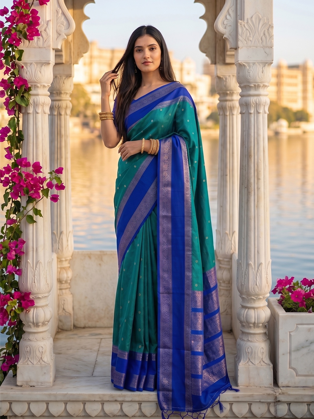 Rama Woven Zari Silk Blend Saree
