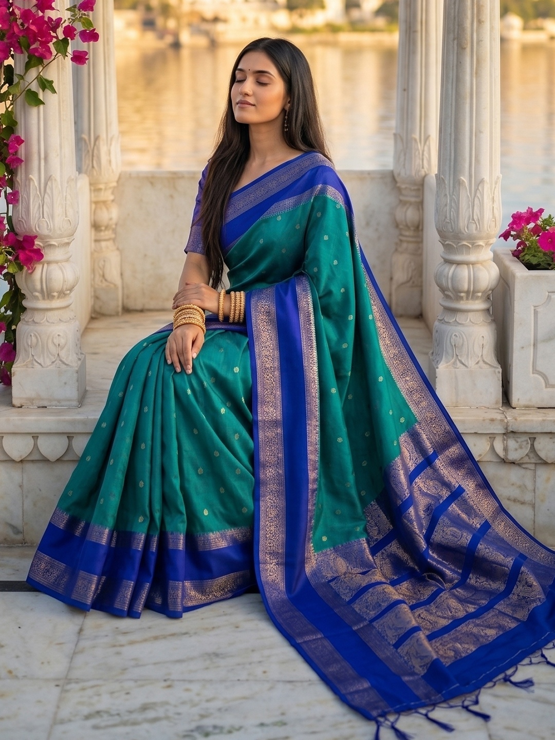 Rama Woven Zari Silk Blend Saree