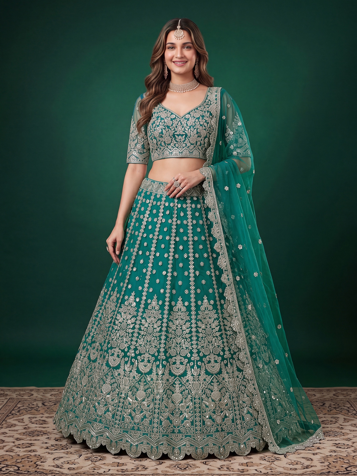 Rama Zari Dori Soft Net Panelled Bridal Lehenga Choli