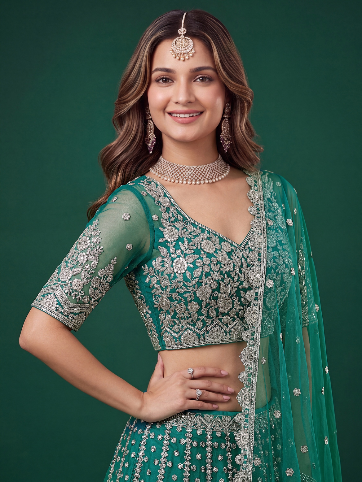 Rama Zari Dori Soft Net Panelled Bridal Lehenga Choli