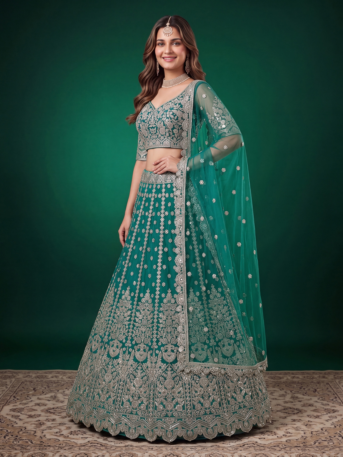 Rama Zari Dori Soft Net Panelled Bridal Lehenga Choli