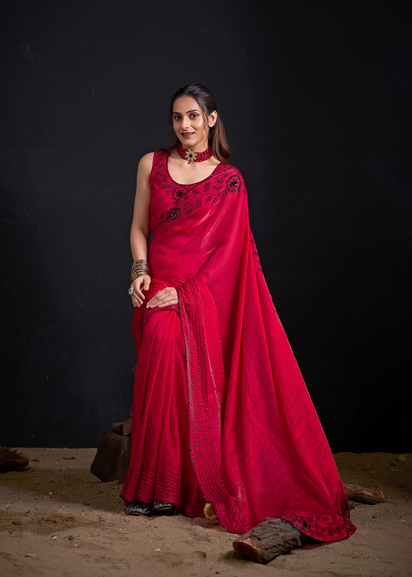 Rani Contemporary Zircon Work Satin Silk Saree