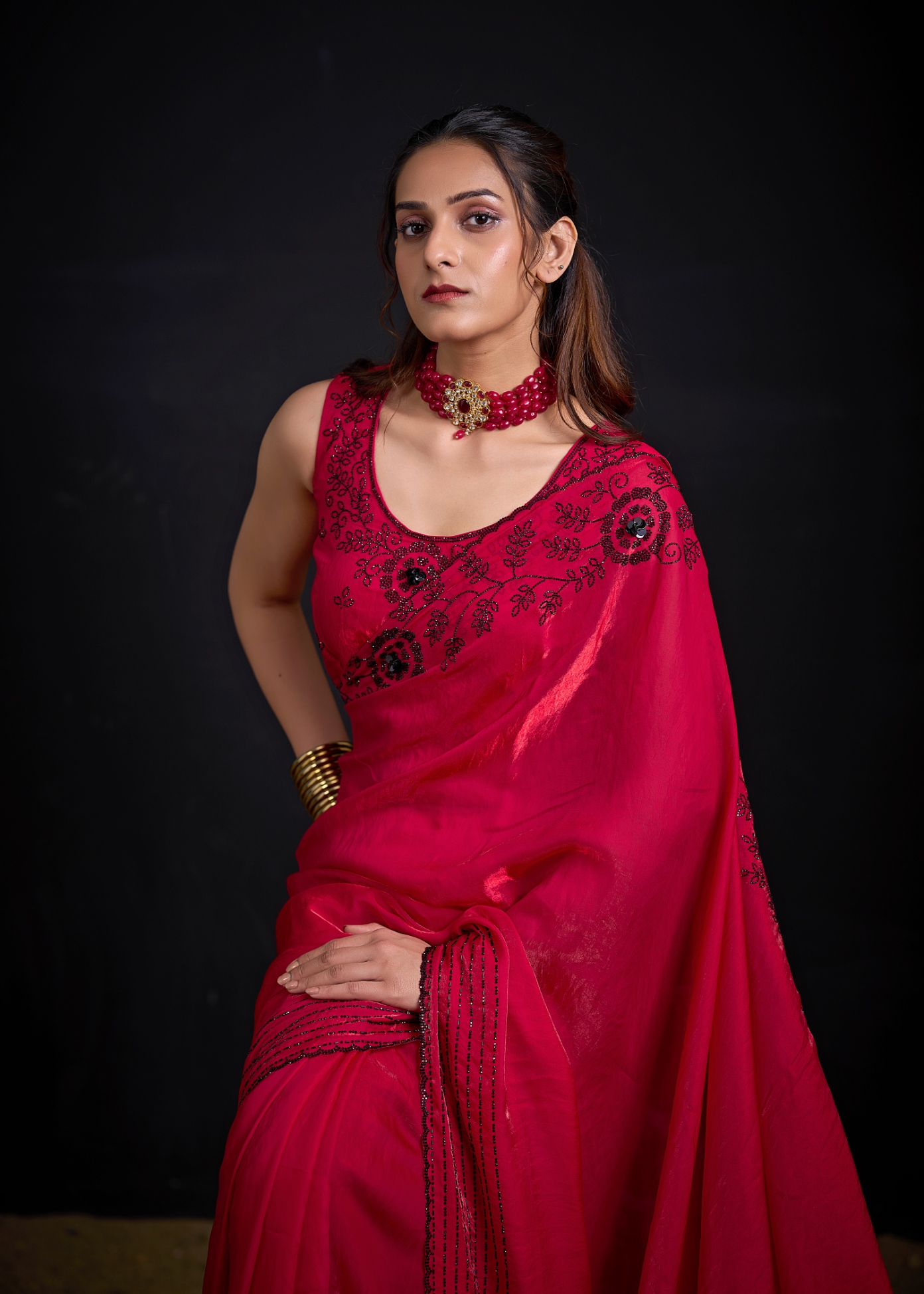 Rani Contemporary Zircon Work Satin Silk Saree