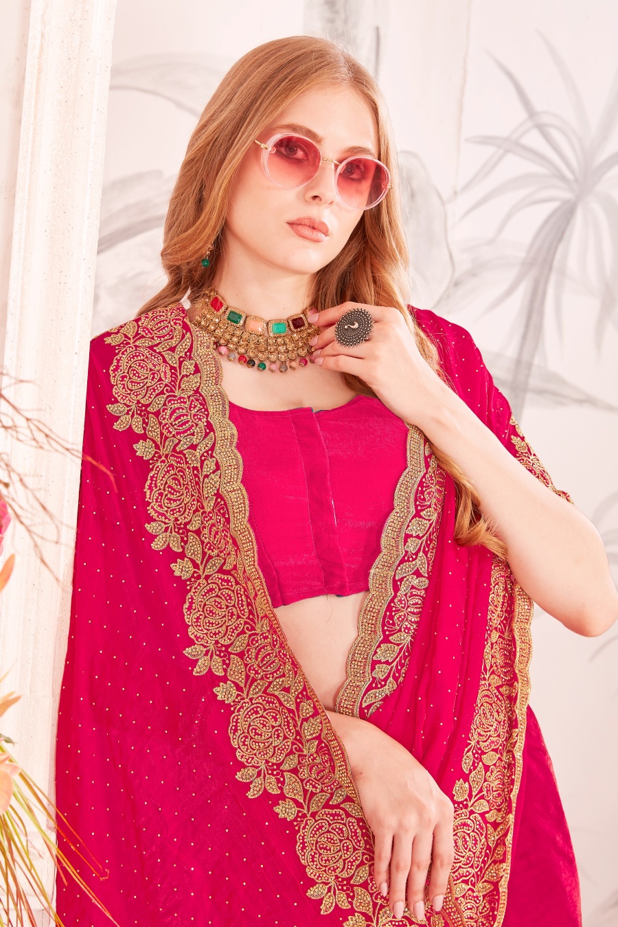 Rani Fendy Two Tone Silk Heavy Zari Resham Embroidery Zircon Work Traditional Saree — alternate view