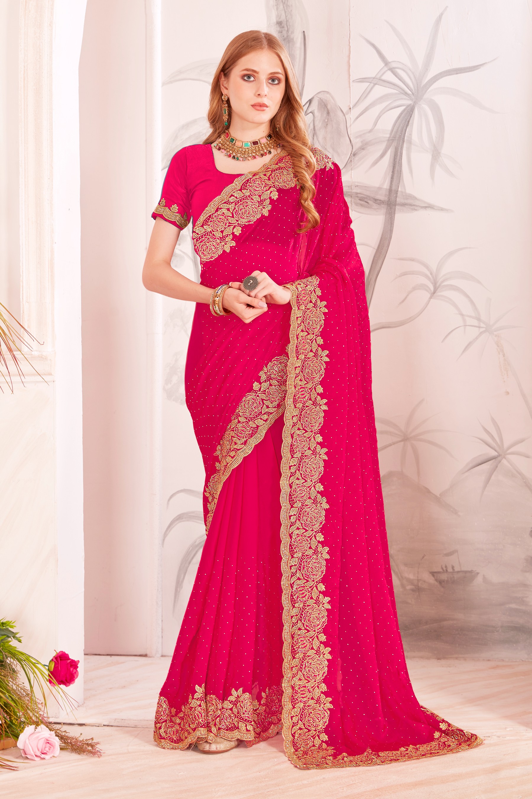 Rani Fendy Two Tone Silk Heavy Zari Resham Embroidery Zircon Work Traditional Saree