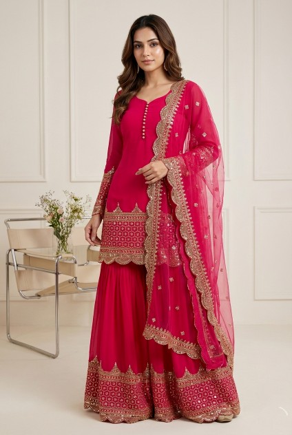 Rani Pink 5mm Embroidered Heavy Faux Georgette Sharara Suit