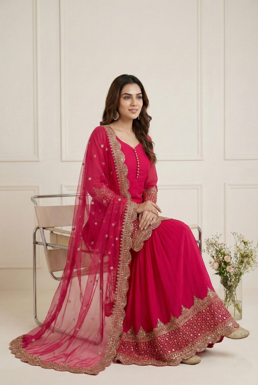 Rani Pink 5mm Embroidered Heavy Faux Georgette Sharara Suit — alternate view