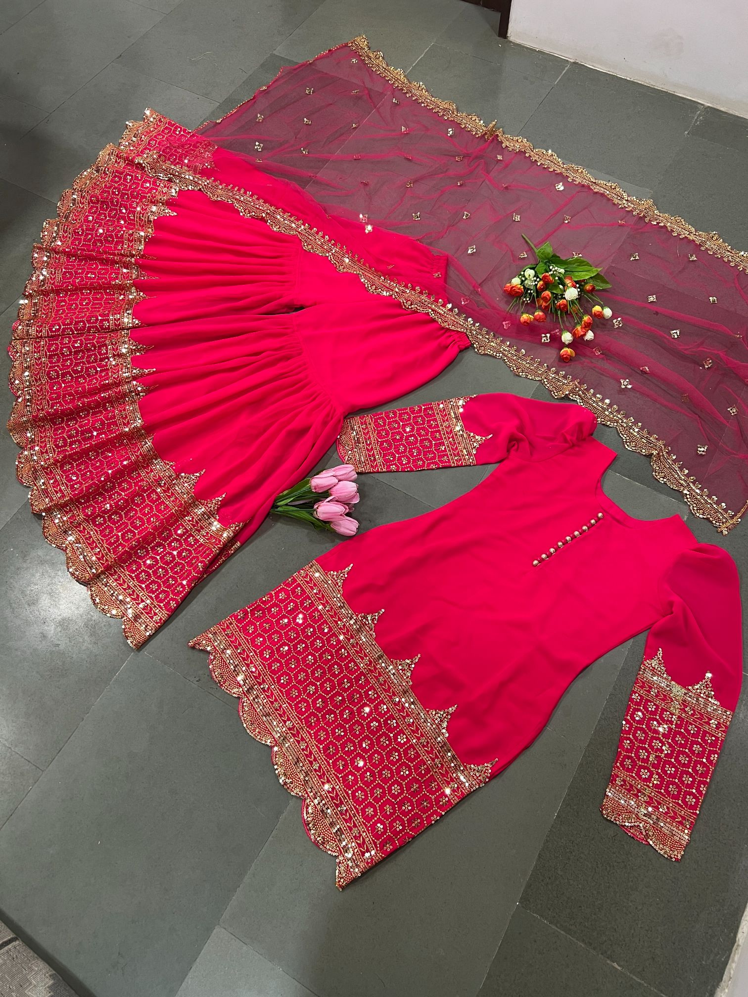 Rani Pink 5mm Embroidered Heavy Faux Georgette Sharara Suit