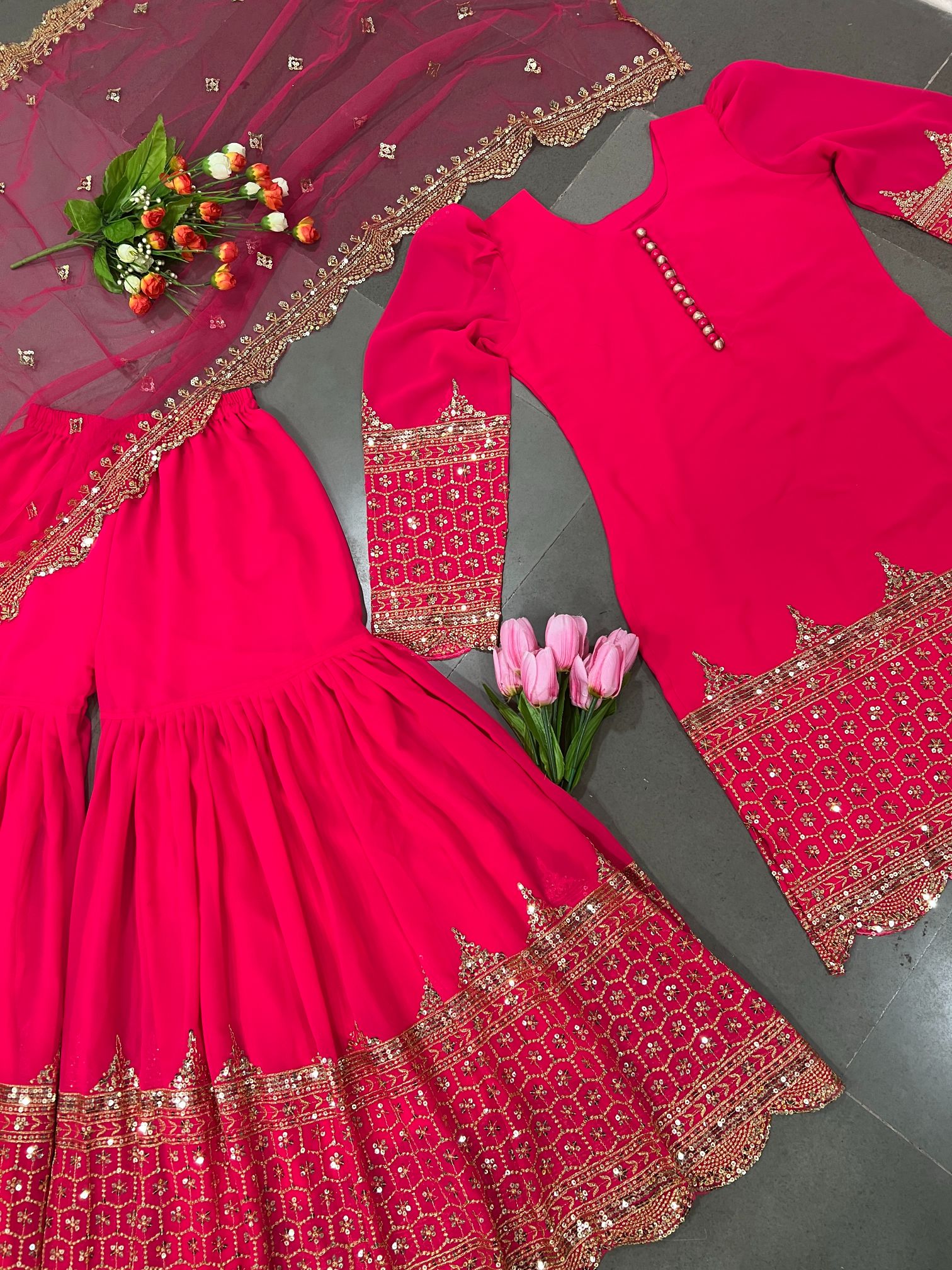 Rani Pink 5mm Embroidered Heavy Faux Georgette Sharara Suit