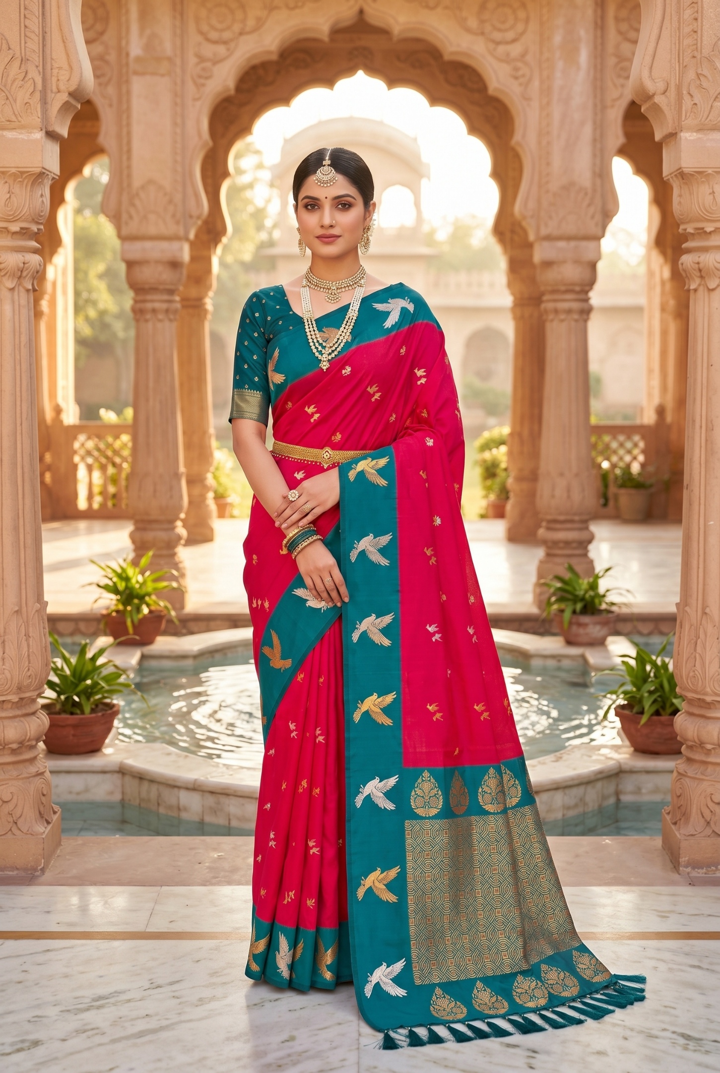 Rani Pink Bird Woven Soft Silk Saree
