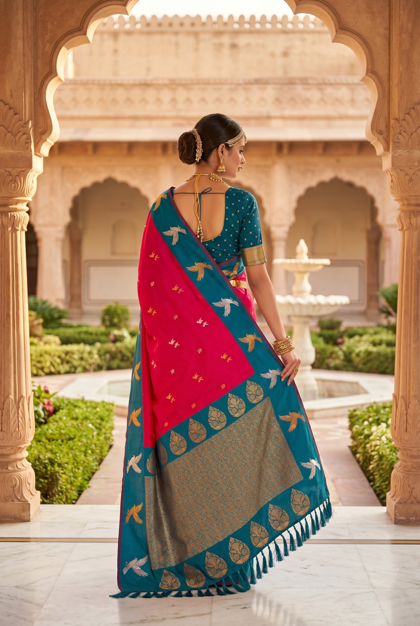 Rani Pink Bird Woven Soft Silk Saree — alternate view