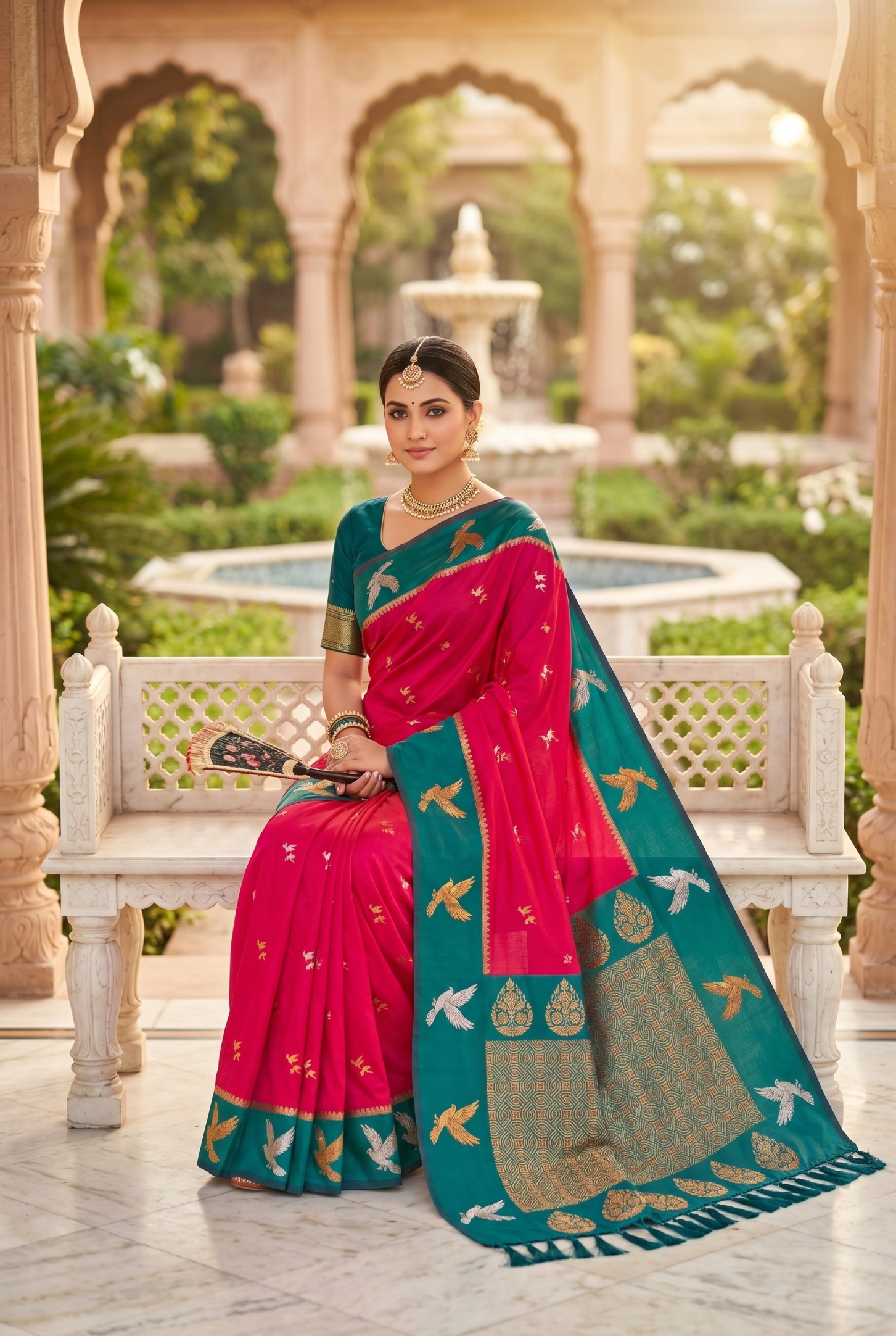 Rani Pink Bird Woven Soft Silk Saree