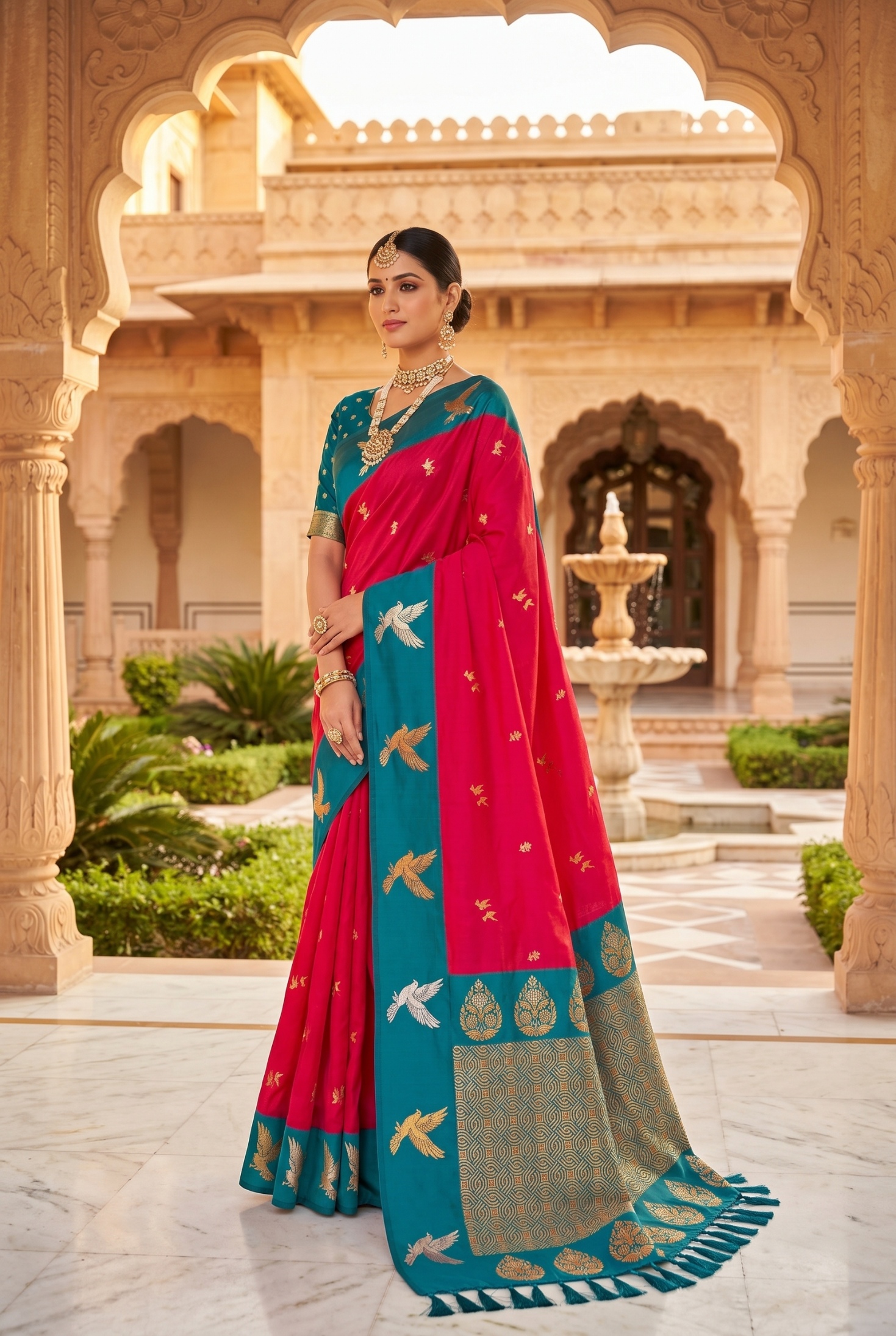 Rani Pink Bird Woven Soft Silk Saree