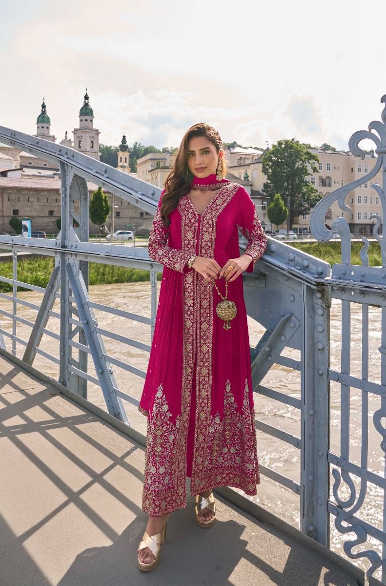 Rani Pink Chinon Embroidered Straight Pant Suit