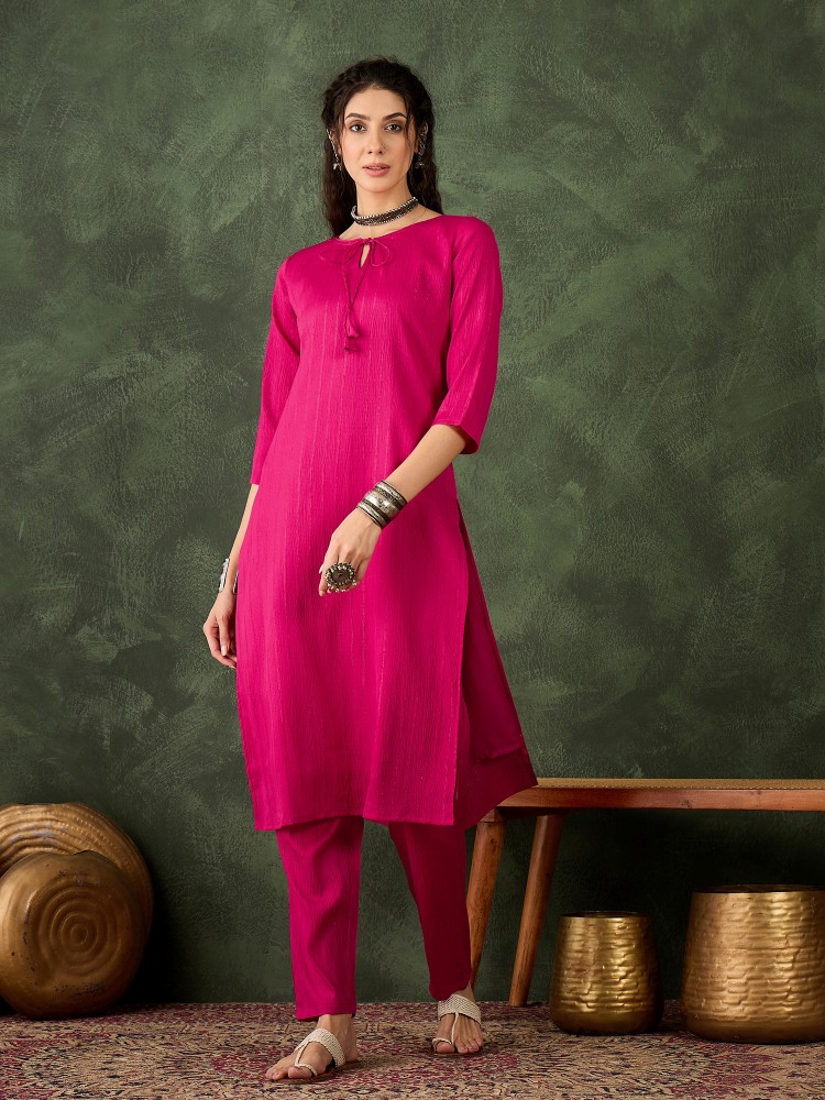 Rani Pink Cotton Silk Blend Kurta Set