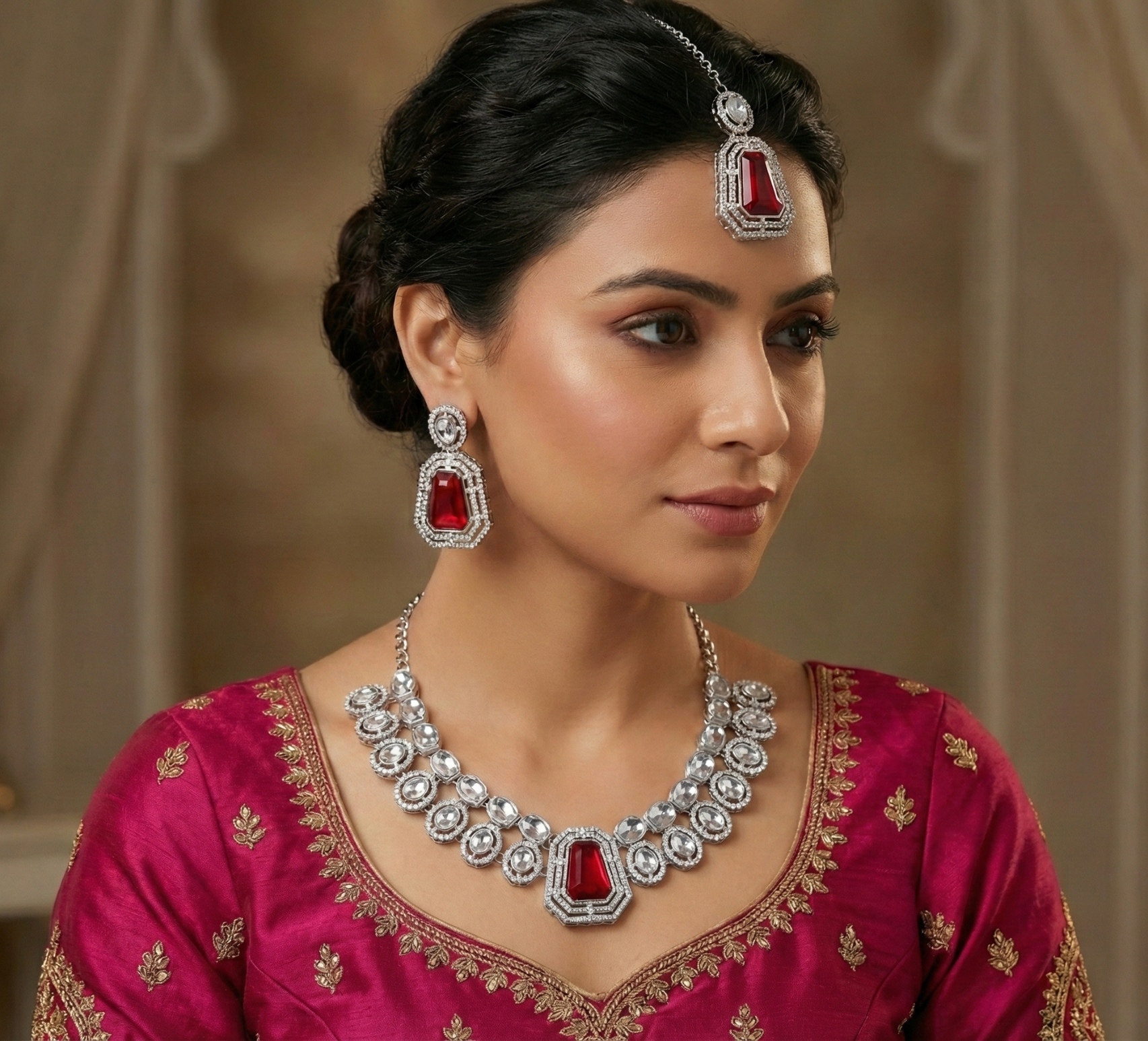 Rani Pink Crystal Stone Alloy Bridal Necklace