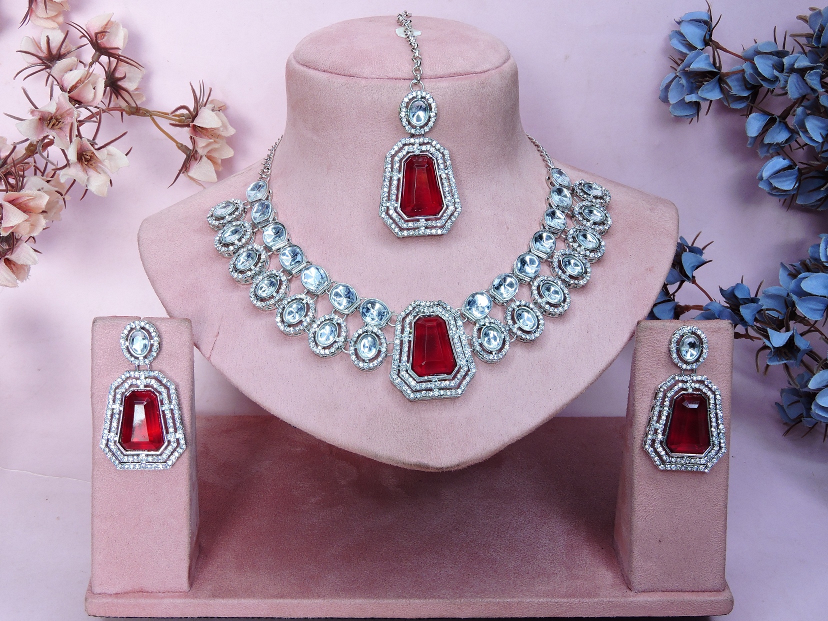 Rani Pink Crystal Stone Alloy Bridal Necklace — alternate view