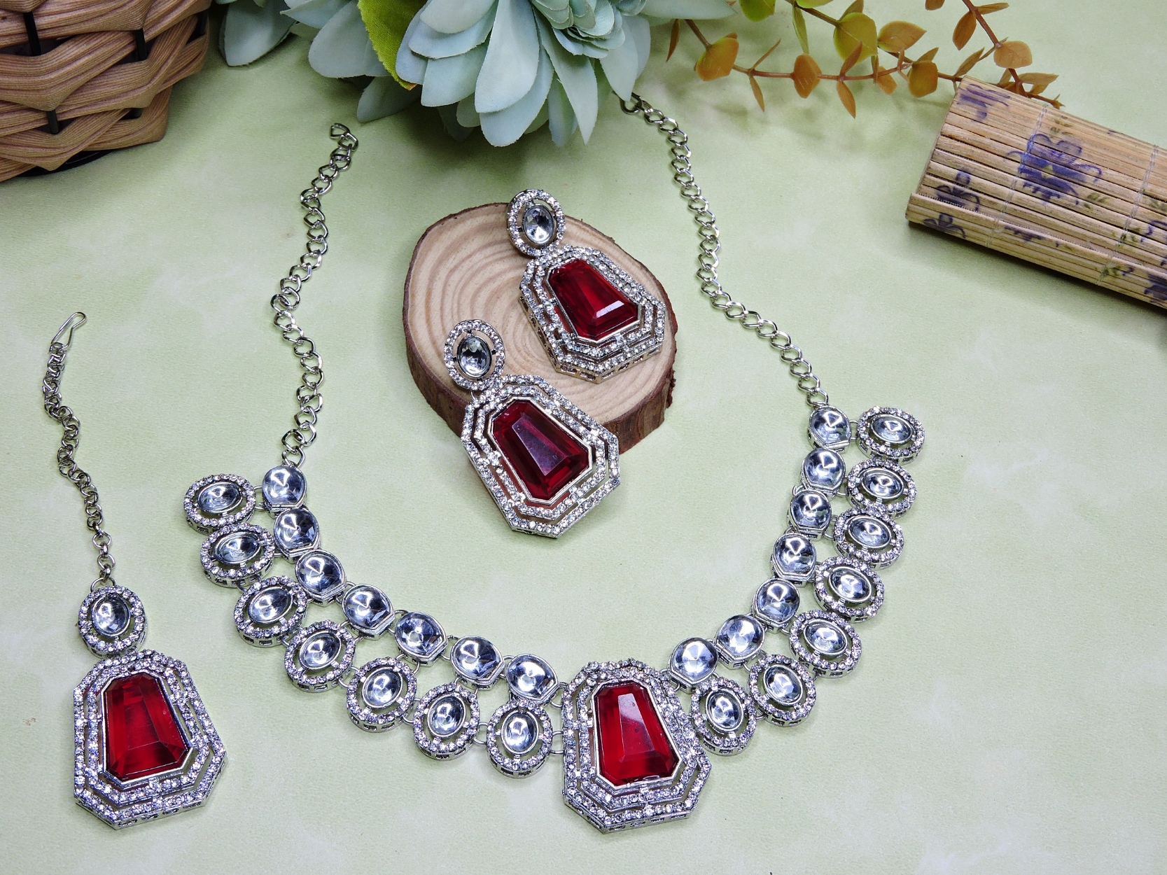 Rani Pink Crystal Stone Alloy Bridal Necklace