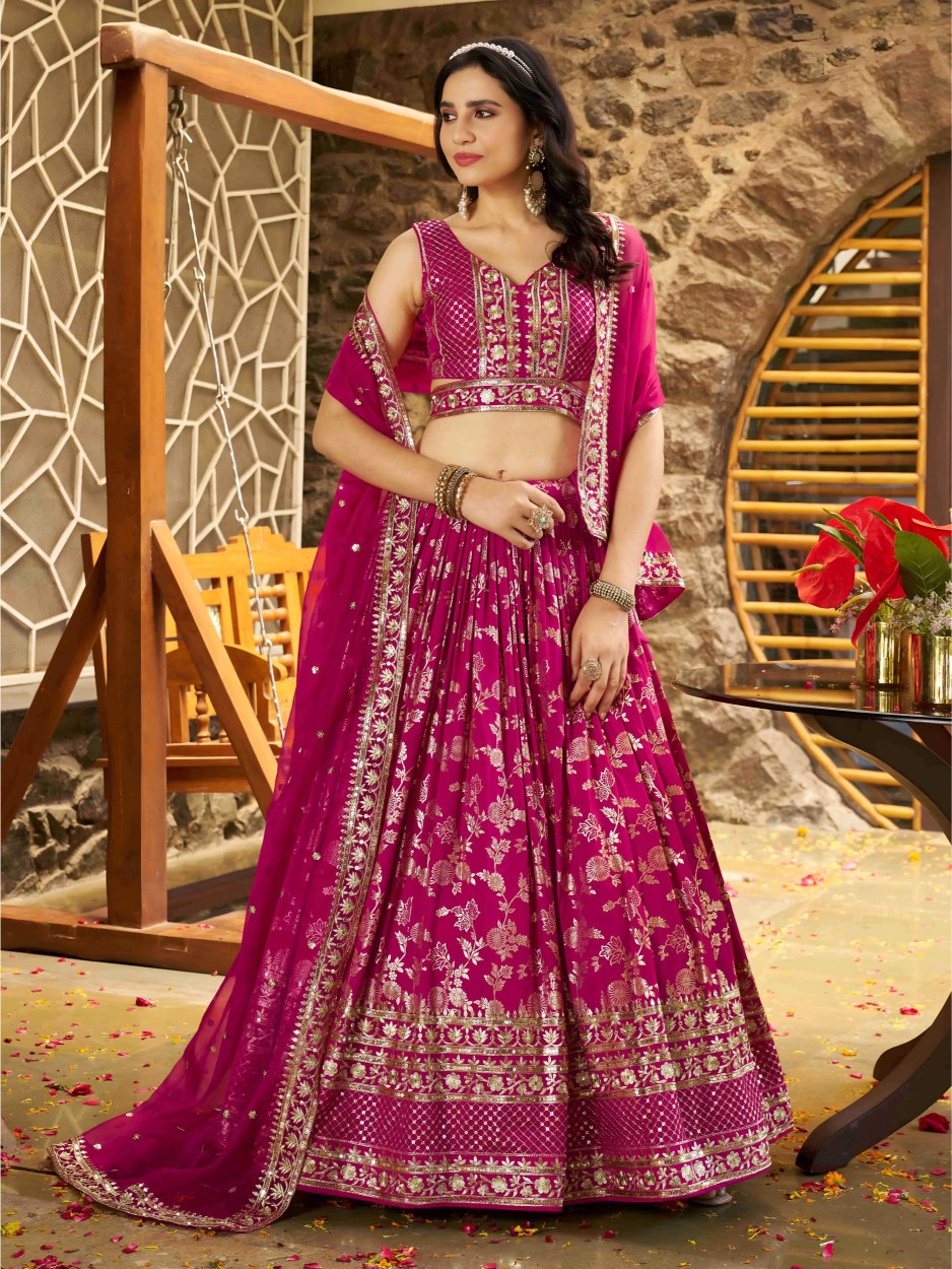 Rani Pink Dola Silk Jacquard Bridal Lehenga