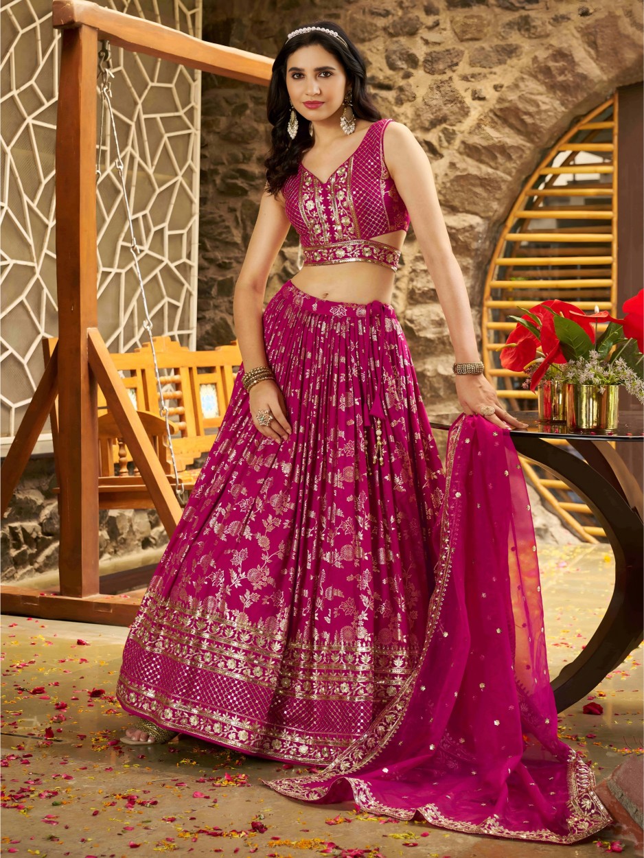 Rani Pink Dola Silk Jacquard Bridal Lehenga