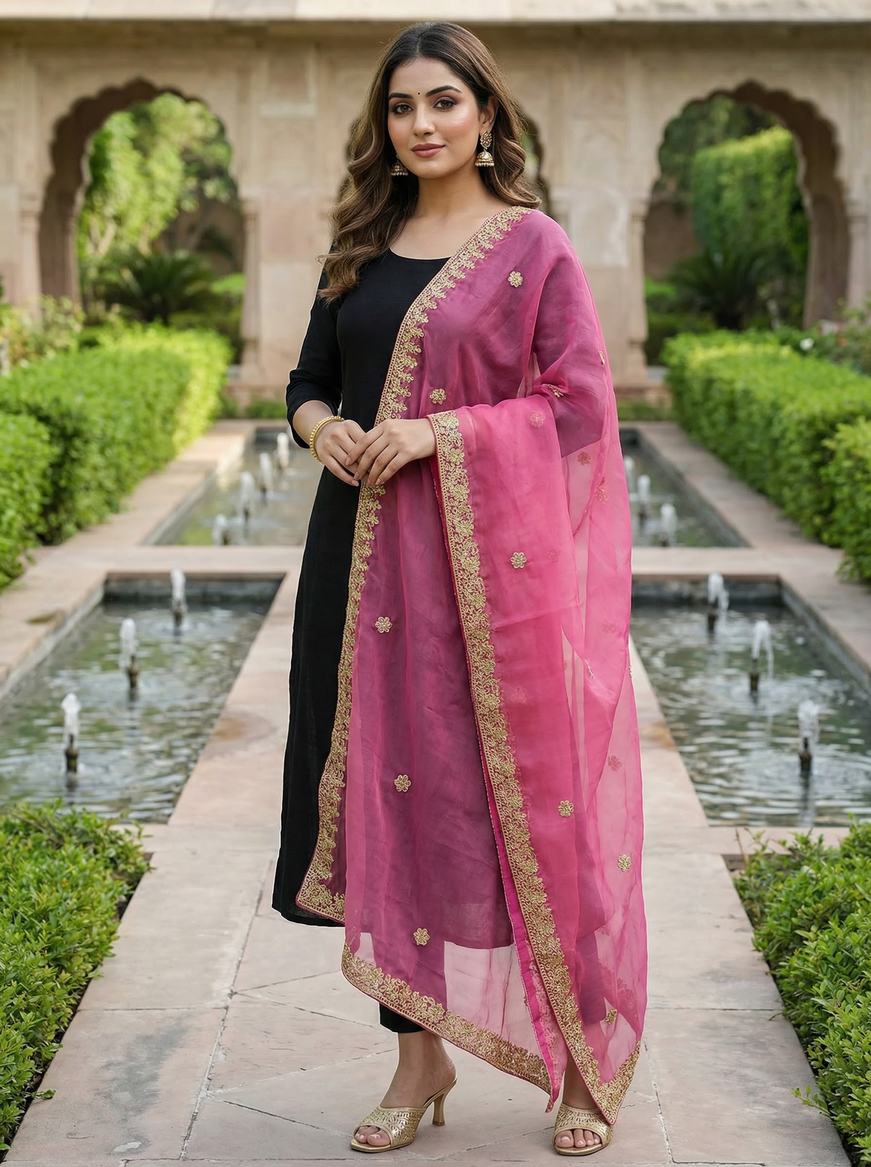 Rani Pink Dori Embroidered Organza Dupatta