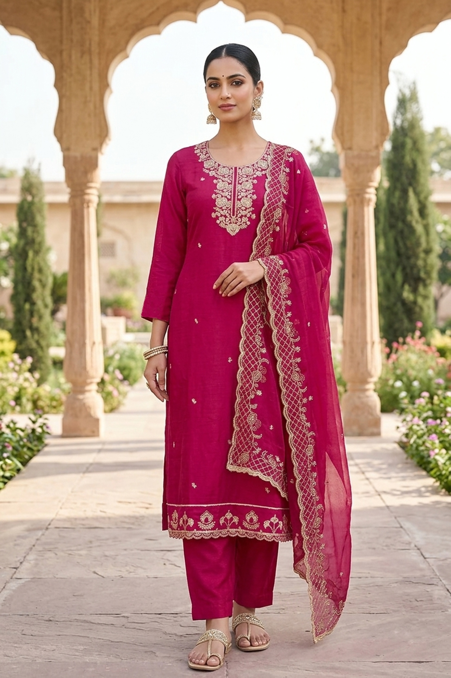 Rani Pink Embroidered Chanderi Straight Suit