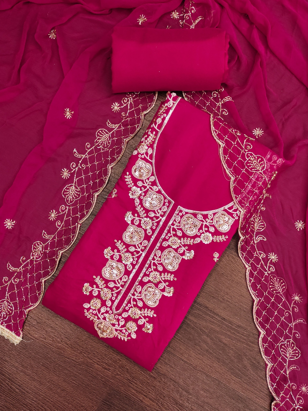 Rani Pink Embroidered Chanderi Straight Suit