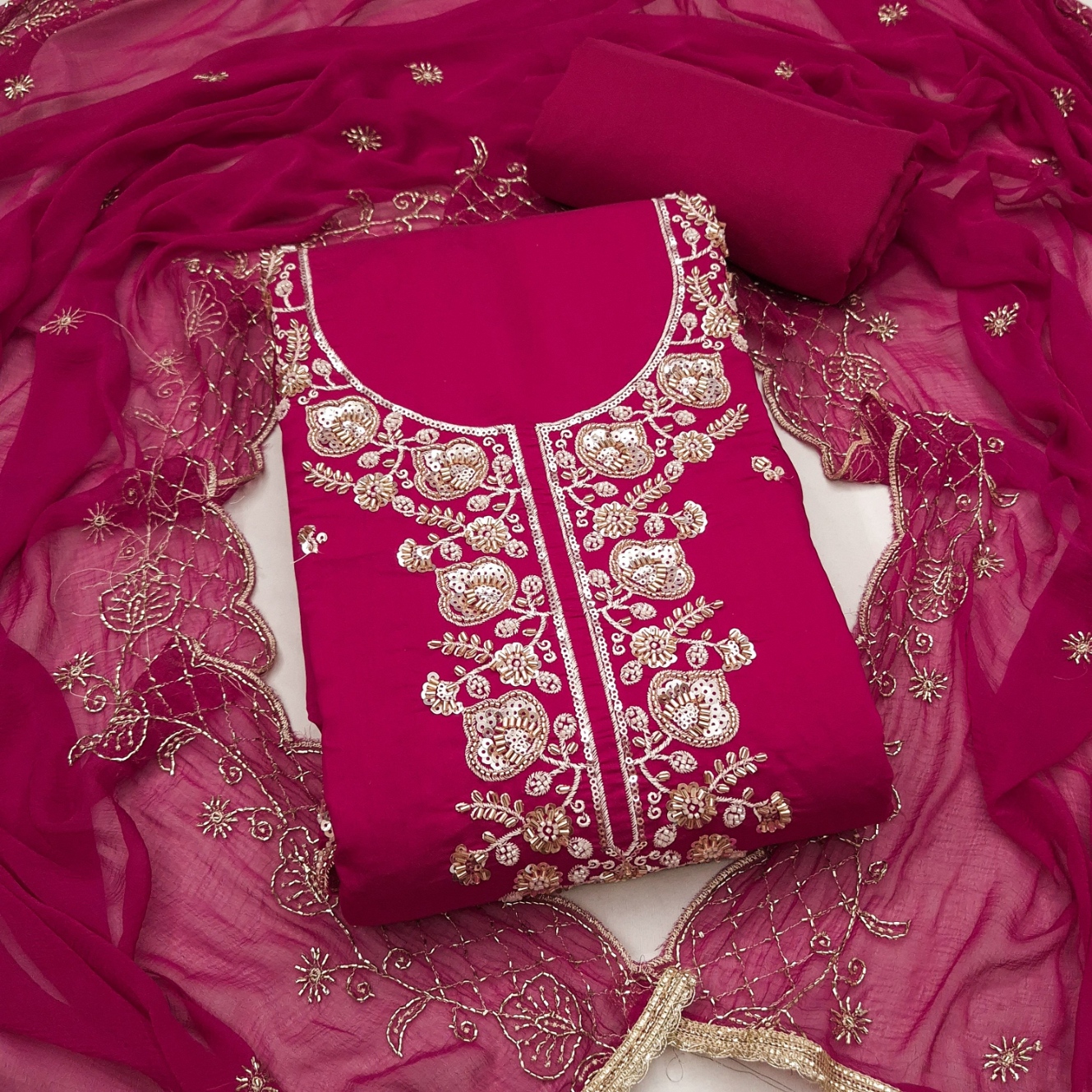 Rani Pink Embroidered Chanderi Straight Suit