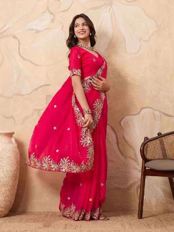 Rani Pink Embroidered Soft Fendy Chiffon Party Wear Saree