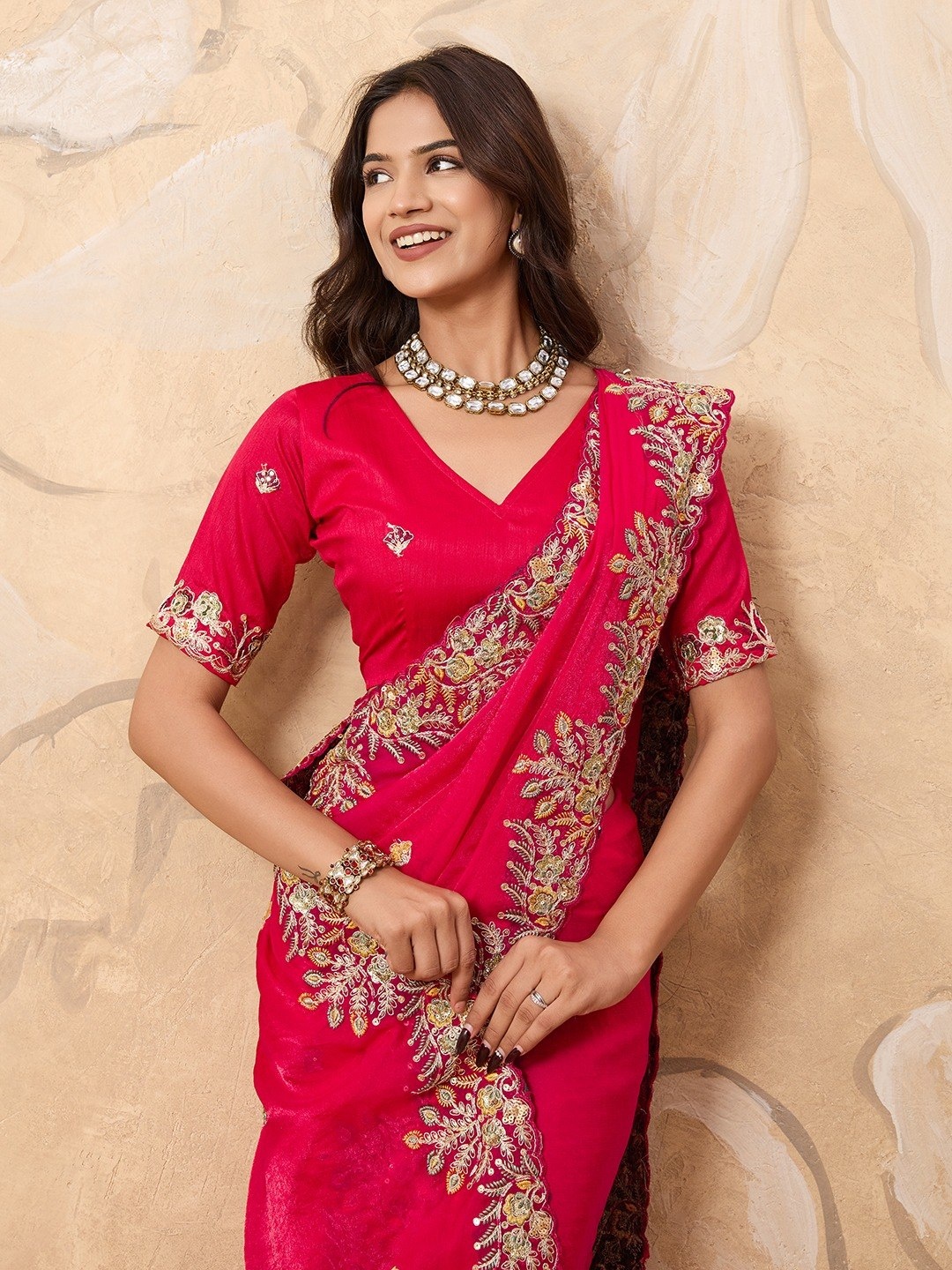 Rani Pink Embroidered Soft Fendy Chiffon Party Wear Saree — alternate view