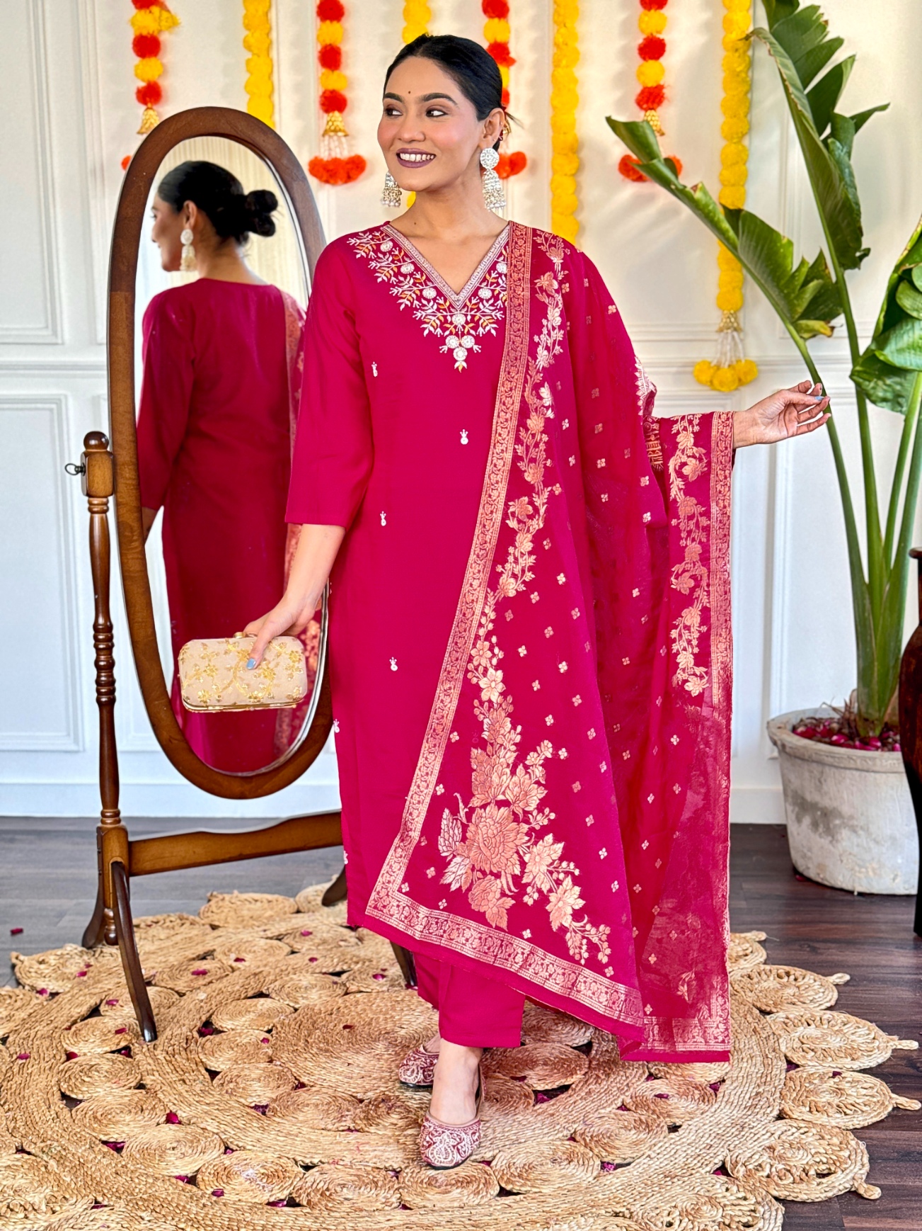 Rani Pink Embroidery Work Viscose Chanderi Salwar Suit