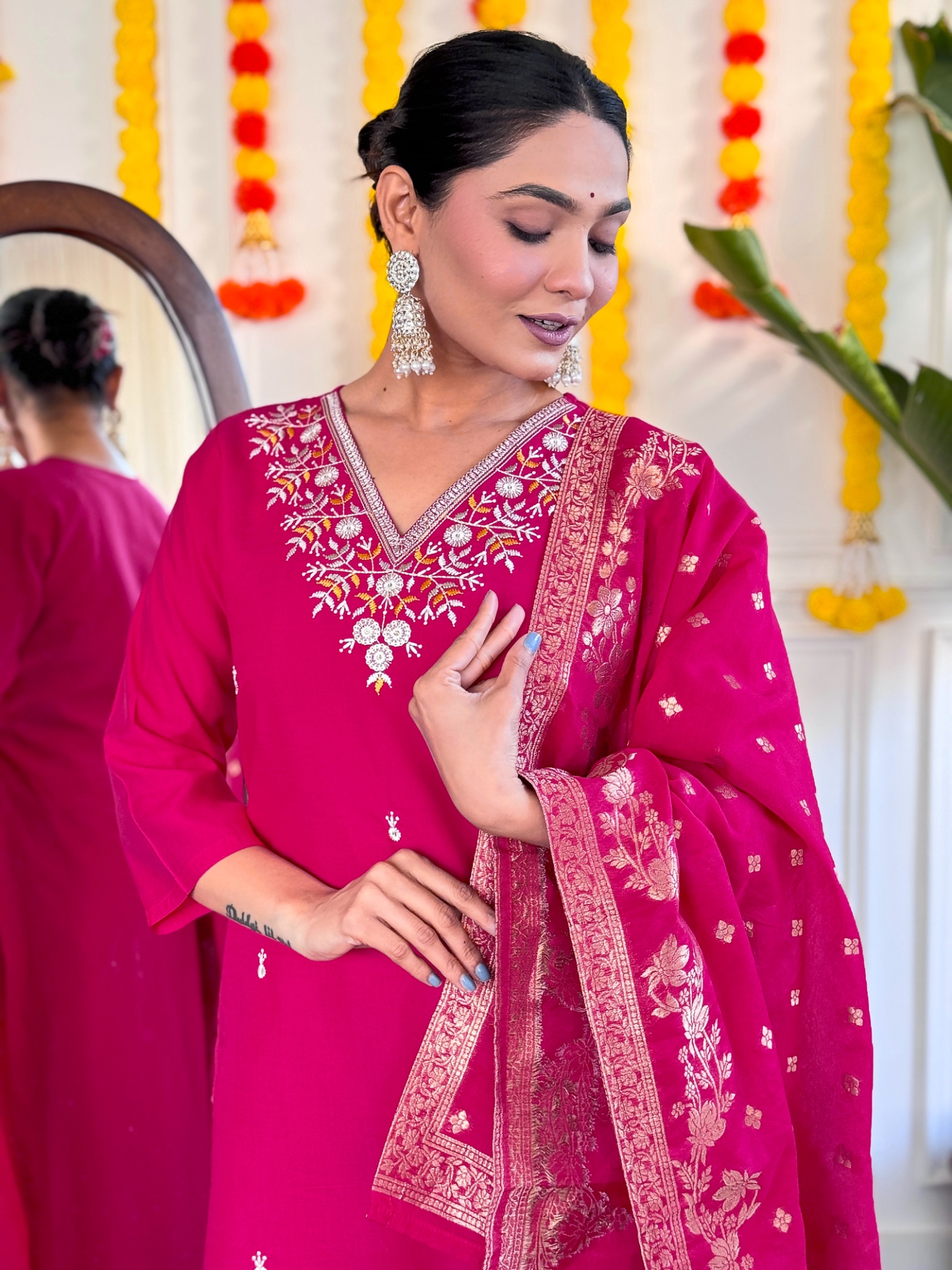 Rani Pink Embroidery Work Viscose Chanderi Salwar Suit