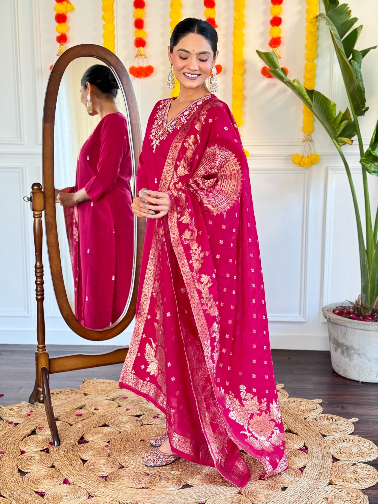Rani Pink Embroidery Work Viscose Chanderi Salwar Suit